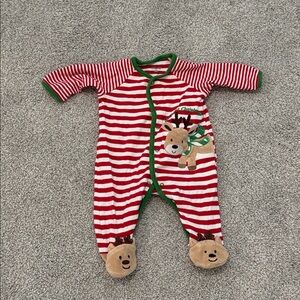 Red and White Striped Reindeer Baby Onesie Pajamas Size 3 mos.